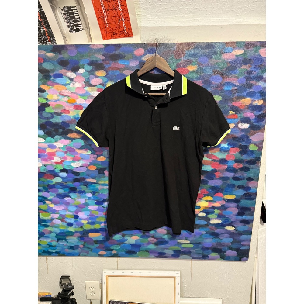 Lacoste Mens Regular Fit Black Polo Shirt Neon Yellow Trim Size XL FR 7